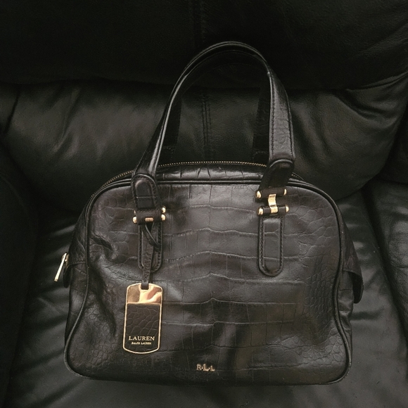 Ralph Lauren Black 100% Leather Croc Embossed Gold Hardware Satchel Tote - Picture 2 of 16